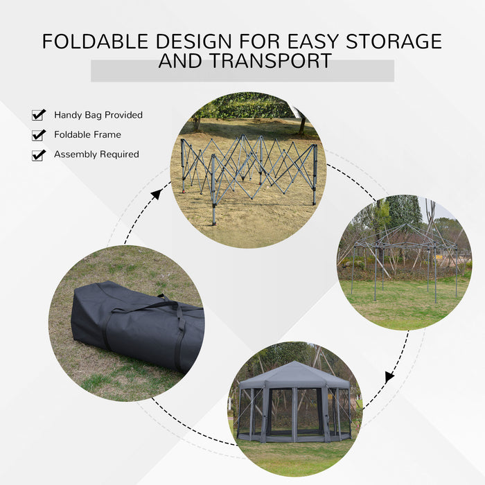 3.2m Canopy Rentals Hexagonal Pop Up Gazebo - Outdoor Canopy Tent with Sun Protection and Mesh Sidewalls, Includes Handy Carry Bag - Ideal for Parties, Events, and Garden Shade in Grey