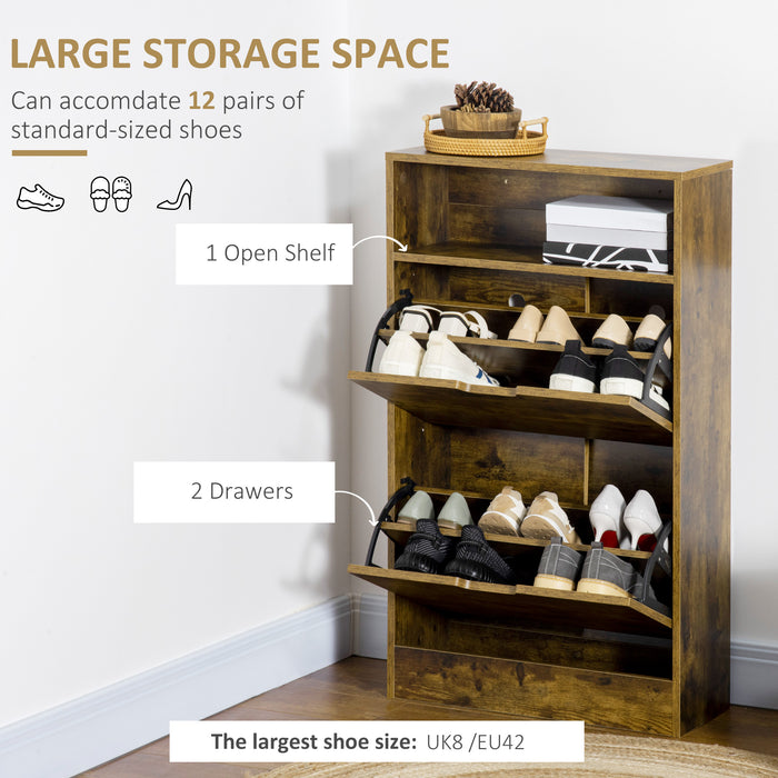 Slim 2-Drawer Shoe Cabinet with Adjustable Shelves - Rustic Brown Entryway Cupboard with Open Space and Flip Doors - Space-Saving Organizer for Shoes and Accessories