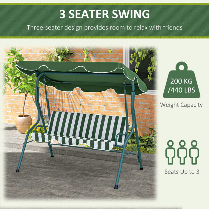 Adjustable Canopy 3-Seater Garden Swing - Outdoor Bench Chair with Metal Frame and Green Striped Cushions - Perfect for Patio, Relaxation and Comfort