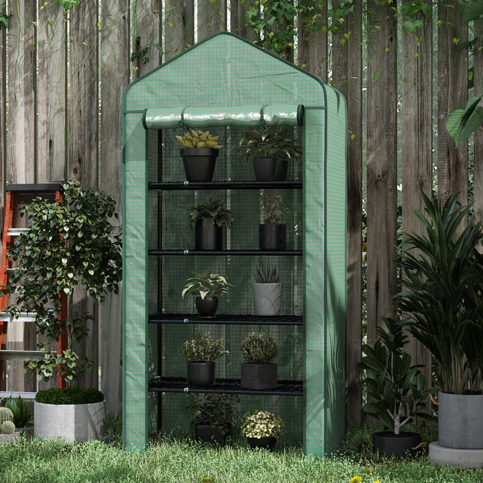 5-Tier Wide Mini Greenhouse with Sturdy PE Cover - Portable Indoor/Outdoor Gardening Shelter with Roll-up Zippered Door and Metal Wire Shelves - Ideal for Small Spaces and Plant Protection (193x90x49cm, Green)