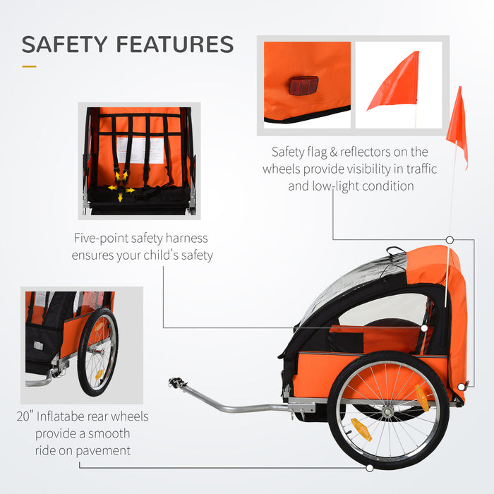 2-Seat Bicycle Child Trailer & Jogger - Steel Frame with Safety Harness and Seat Carrier in Orange and Black, 130x76x88cm - Perfect for Active Parents with Kids