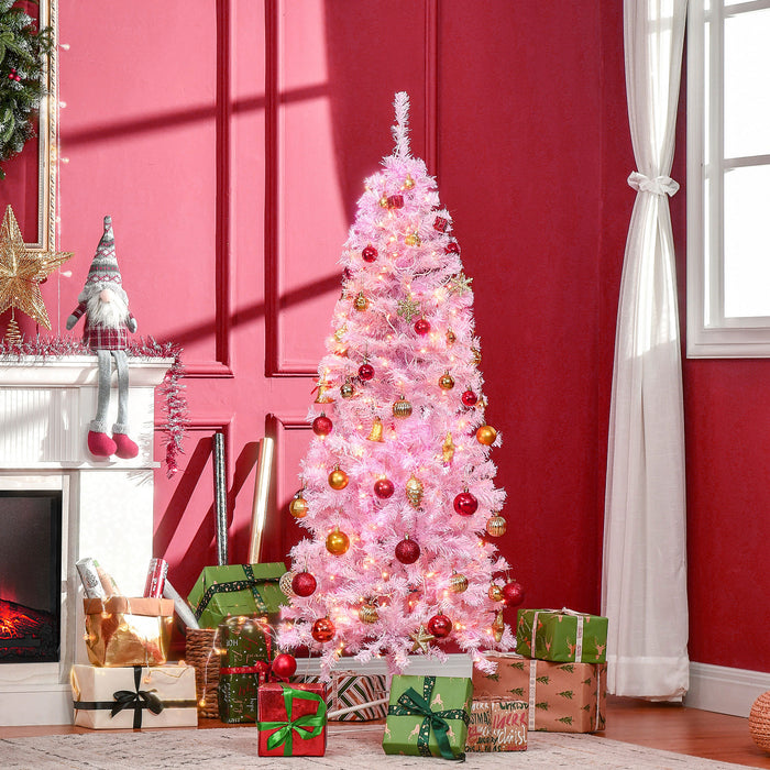 Pencil Slim 6-Ft Artificial Christmas Tree with Realistic Tips - Pre-Lit with 300 Warm White LEDs, 618 Branch Tips - Chic Pink Xmas Decor for Small Spaces