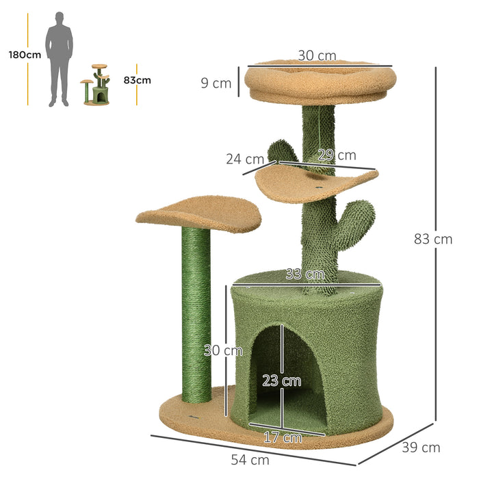 Cactus Cat Tree Climber - 83cm Tall Kitten Activity Center with Plush Teddy Fleece House, Comfy Bed, Durable Sisal Scratch Post & Playful Hanging Ball - Ideal for Playful Cats & Scratch-Loving Kittens