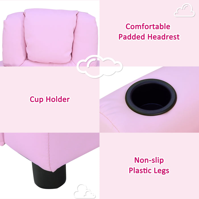 Kids' Cozy Reclining Chair with Refreshment Cupholder - Comfy Pink Armchair for Children - Perfect for Reading & Relaxation Spaces