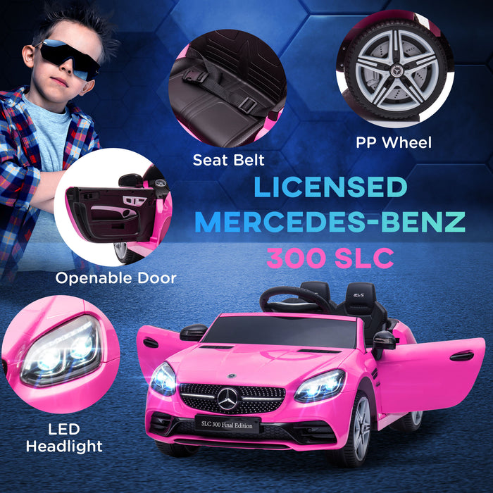 Mercedes Benz SLC 300 Kids Electric Ride On Car - 12V Dual Motor with Music, Lights, and Suspension - Pink, with Parental Remote Control for Ages 3-6