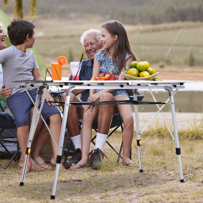 Portable 4FT Aluminum Folding Table - Picnic & Camping Table with Roll-Up Top and Mesh Rack - Ideal for Outdoor BBQs and Gatherings