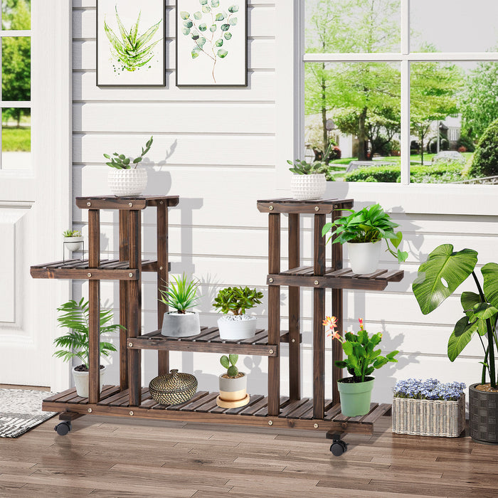 4-Tier Wooden Plant Stand with Wheels - Freestanding Flower Display Rack for Indoor & Outdoor Gardens - Ideal for Garden Balcony, 8-Pot Capacity, Portable with Handle, 123.5x33x80 cm