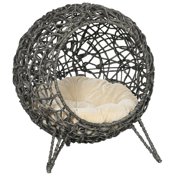 Rattan Elevated Cat Bed - Basket Ball Shaped Pet Lounger with Removable Cushion, Silver-Tone and Grey - Cozy Sleeping Space for Kittens and Cats