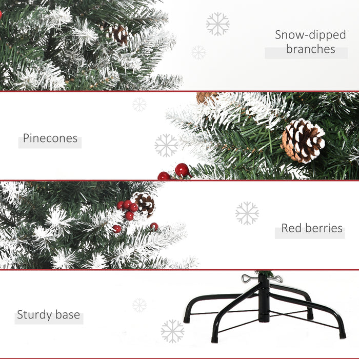 5FT Green Pencil Christmas Tree - Adorned with Red Berries and Pinecones, Foldable Base - Space-Saving Festive Decor for Home Interiors