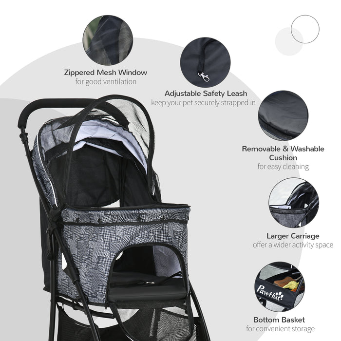 Foldable Pet Stroller for XS & S Pets - Dog & Cat Travel Pushchair with Brake Canopy & Universal Wheels - Portable Carrier for Safe Pet Outings, Grey