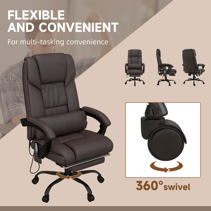 Ergonomic PU Leather Reclining Office Chair with Massage Function - 6-Point Massage, Swivel Wheels, Integrated Footrest, Remote Control - Ideal for Stress Relief and Office Comfort, Brown
