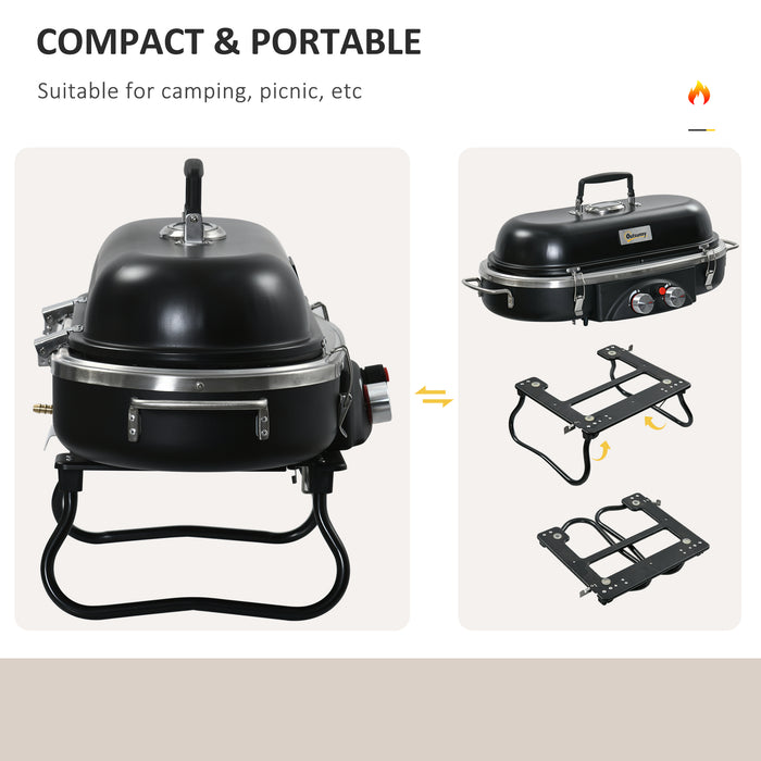 Portable Foldable Gas BBQ Grill with 2 Burners and Lid - Compact Tabletop Barbecue with Piezo Ignition and Built-In Thermometer - Ideal for Camping, Picnics, and Outdoor Cooking