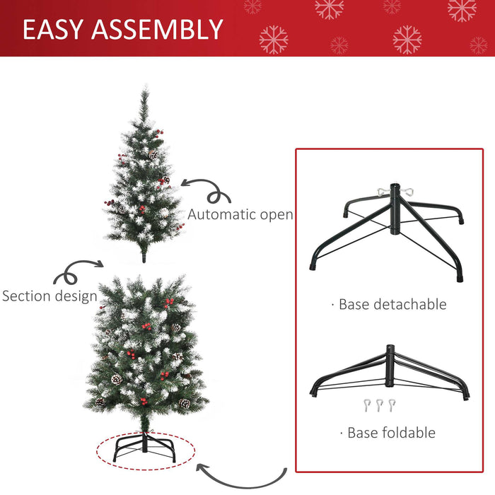5FT Green Pencil Christmas Tree - Adorned with Red Berries and Pinecones, Foldable Base - Space-Saving Festive Decor for Home Interiors