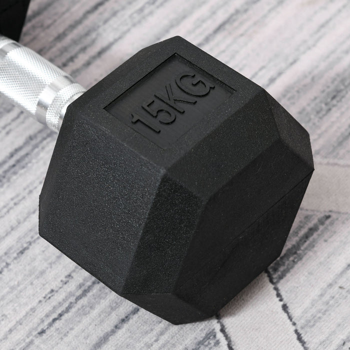 Rubber Hex Dumbbell Set - 2 x 15kg Portable Hand Weights for Strength Training - Ideal for Home Gym Workouts and Fitness Enthusiasts