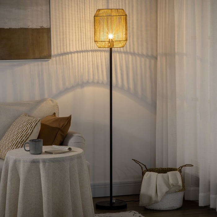 Farmhouse Style Standing Floor Lamp - Rustic Hand Woven Rattan Shade - Cozy Illumination for Living Rooms