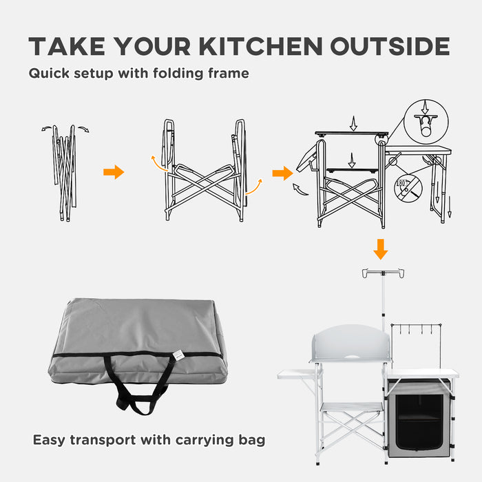 Folding Camping Kitchen Station with Storage - Aluminum Picnic Table with Windshield & Light Stand - Portable BBQ Setup with Carry Bag for Outdoor Enthusiasts