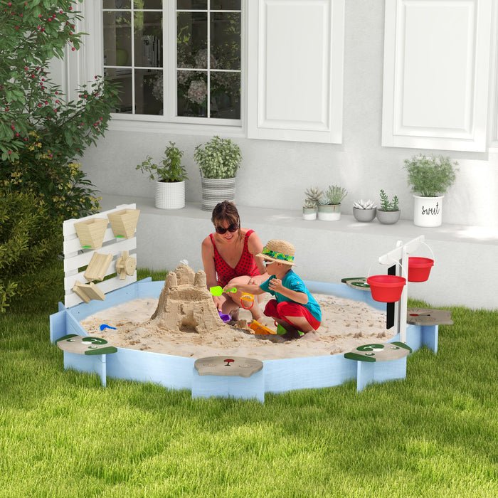 Kids' Outdoor Wooden Sandbox with Built-In Seating - Durable Play Area with 6 Blue Seats - Perfect for Backyard Fun and Creative Play