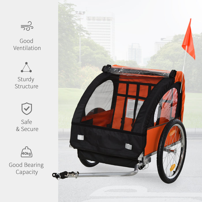 2-Seat Bicycle Child Trailer & Jogger - Steel Frame with Safety Harness and Seat Carrier in Orange and Black, 130x76x88cm - Perfect for Active Parents with Kids