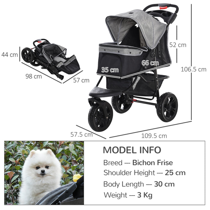 3-Wheel Folding Pet Stroller for Dogs - Adjustable Canopy, Mesh Window, Storage & Brake Features in Grey - Ideal Dog Jogger and Travel Carrier for Pet Lovers