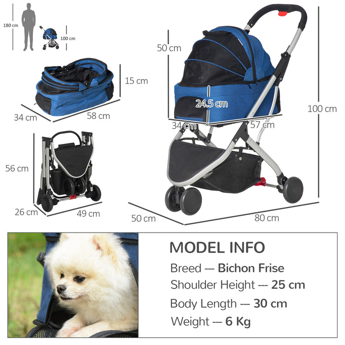 2-in-1 Detachable Pet Stroller Pushchair - Foldable Dog & Cat Travel Carriage with Carrying Bag - Convenient Mobility Solution for Animal Lovers, Dark Blue