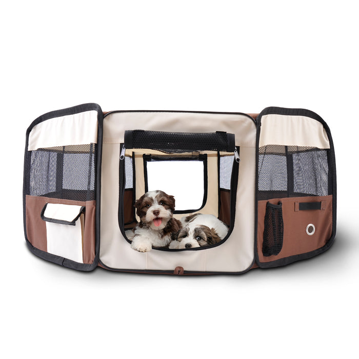 Pet Playpen for Dogs, Cats, Rabbits & Small Animals - Dia90 x 41H cm Portable Fabric Exercise Pen in Brown and Cream - Ideal for Indoor/Outdoor Play & Training
