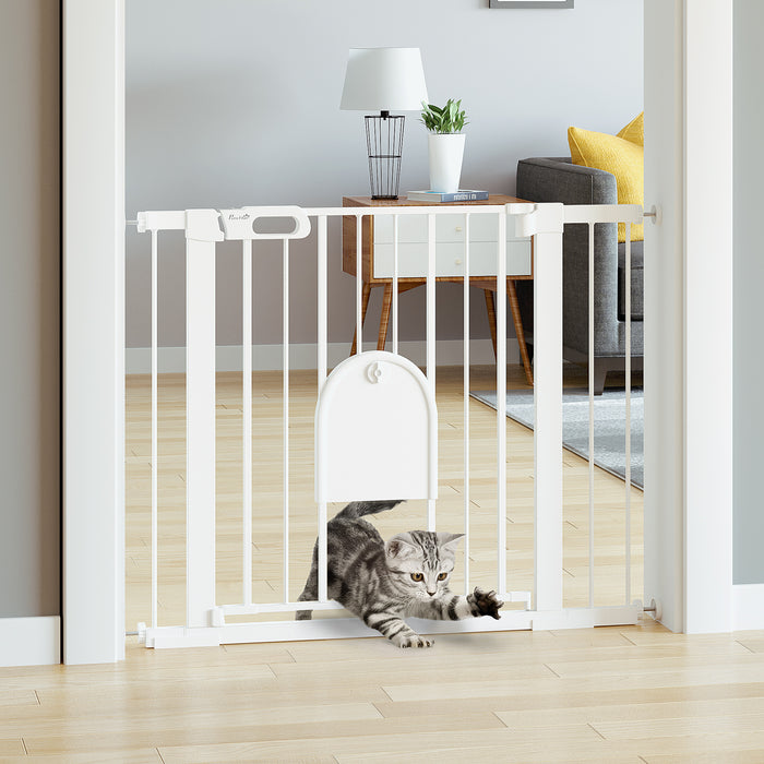 Easy-Install Pet Separation Gate - Dog Gate with Built-in Cat Door, Pressure Mounted, Automatic Closing & Double Locking System - Ideal for Doorways & Stairs, Fits 75-103 cm Openings, White