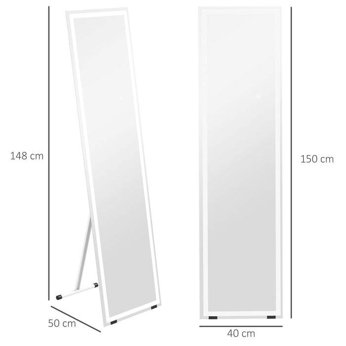 LED-Lit Standing Dressing Mirror - Bedroom Wall Mirror with Dimmable 3-Color Lighting, White - Ideal for Makeup and Room Ambiance