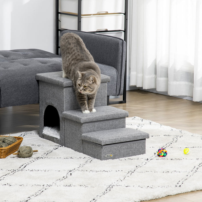 3-Step Pet Stairs with Cozy Kitten House and Storage - Dog Steps for Sofa Accessibility - Multi-functional Ramp with Washable Cushion for Small Pets