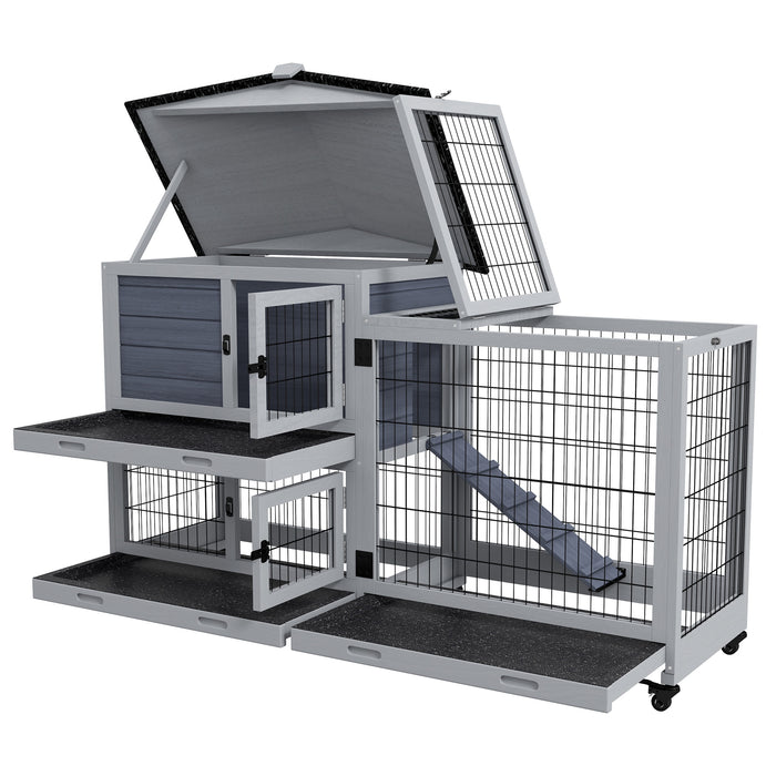 Portable Bunny Haven with Wheeled Base - Outdoor Indoor Rabbit Hutch with Play Run, Easy Clean Slide-Out Trays, and Access Ramp - Durable Grey Habitat for Pet Rabbits and Small Animals