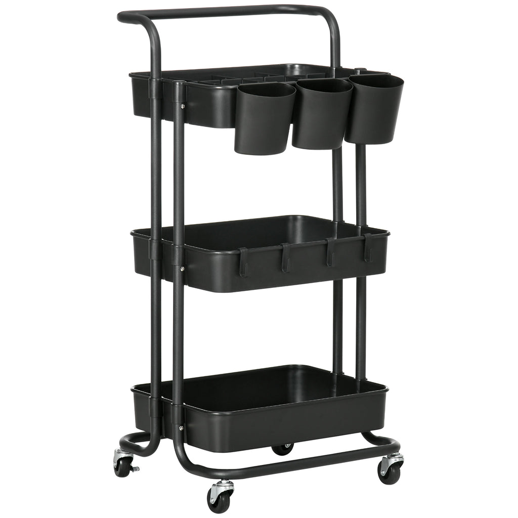 3-Tier Utility Rolling Cart with Mesh Baskets - Versatile Kitchen Organizer with Hooks & Dividers - Space-Saving Solution for Living Room, Laundry Area
