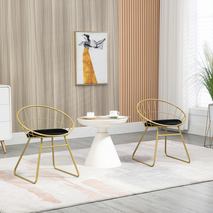 Metal Wire Dining Chair Duo - Velvet Cushion & Round Back Design with Durable Steel Frame - Elegant Seating for Living Room & Bedroom, Gold Finish