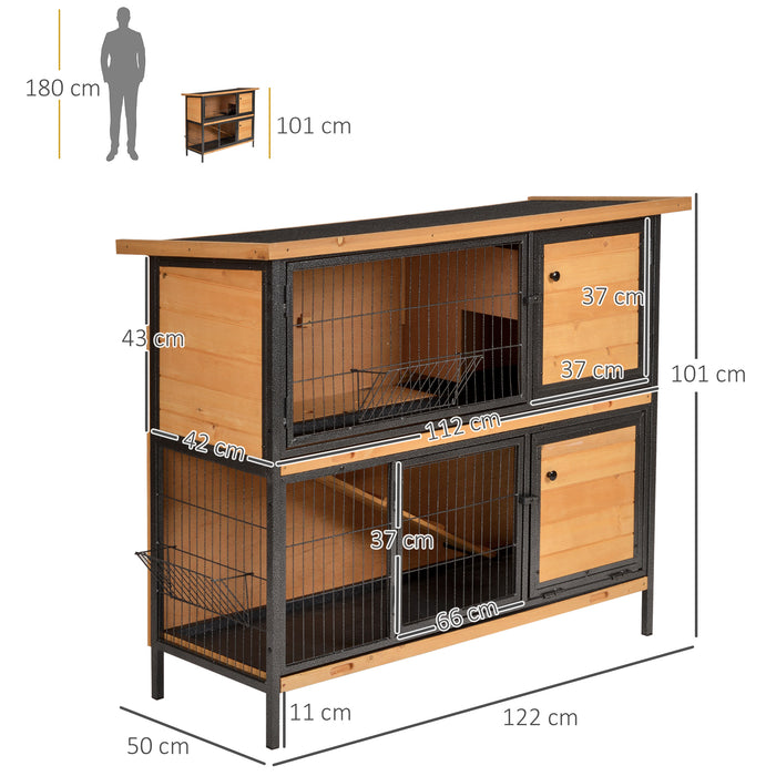 Wooden Rabbit Hutch with Metal Frame - 2-Floor Bunny Cage, Slide-Out Tray, Feeding Trough, Ramp, Lockable Door, Openable Roof - Ideal for Small Pet Housing and Care