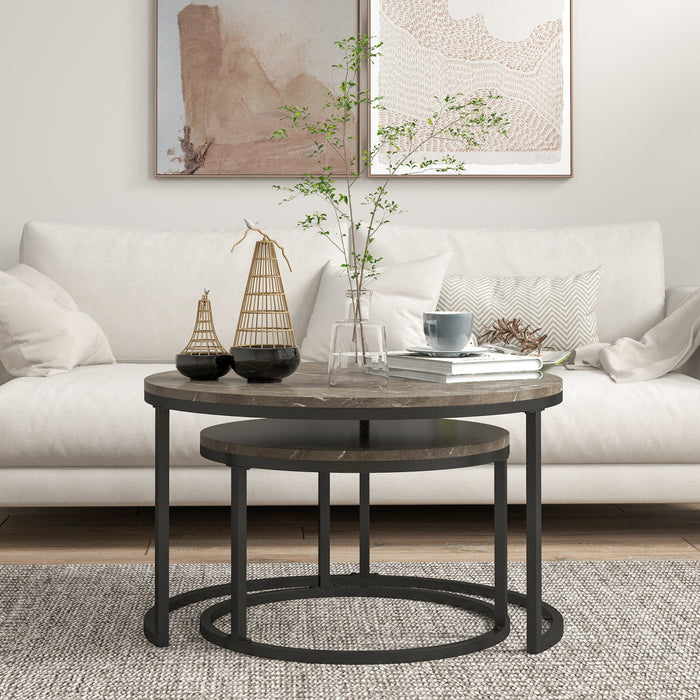 Round Industrial Nesting Coffee Tables Set - Faux Marble Top with Sturdy Steel Frame - Space-Saving Furniture for Living Rooms