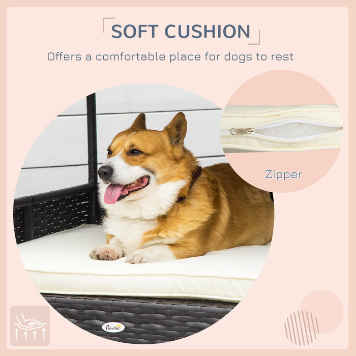 Wicker Canine Abode - Rattan Pet House with Detachable Cushion and Canopy for Small to Medium Dogs - Comfortable Shelter in Cream Color