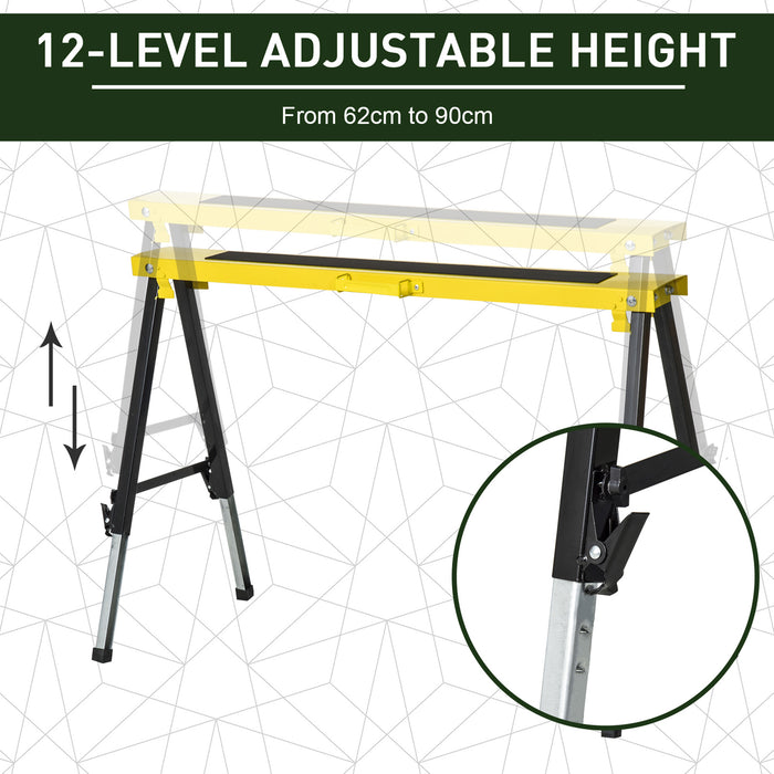 Folding Metal Saw Horse Twin Pack - Adjustable Workbench Trestle Stands with EVA Surface, 100kg Max Load - Ideal for Sawing and Woodworking Tasks