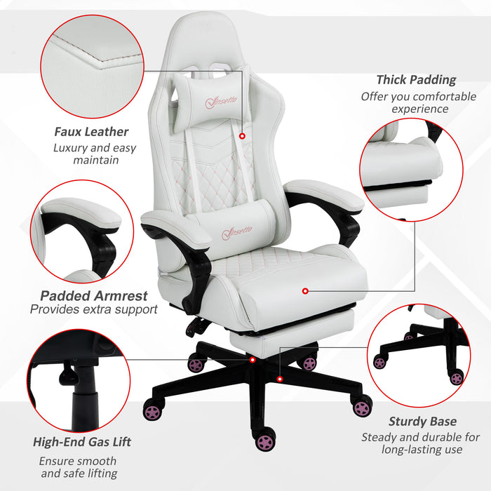 Ergonomic Racing Style Gaming Chair - Swivel Wheels, Adjustable Footrest, PU Leather Reclining Seat - Comfortable Home Office Gamers' Essential in White