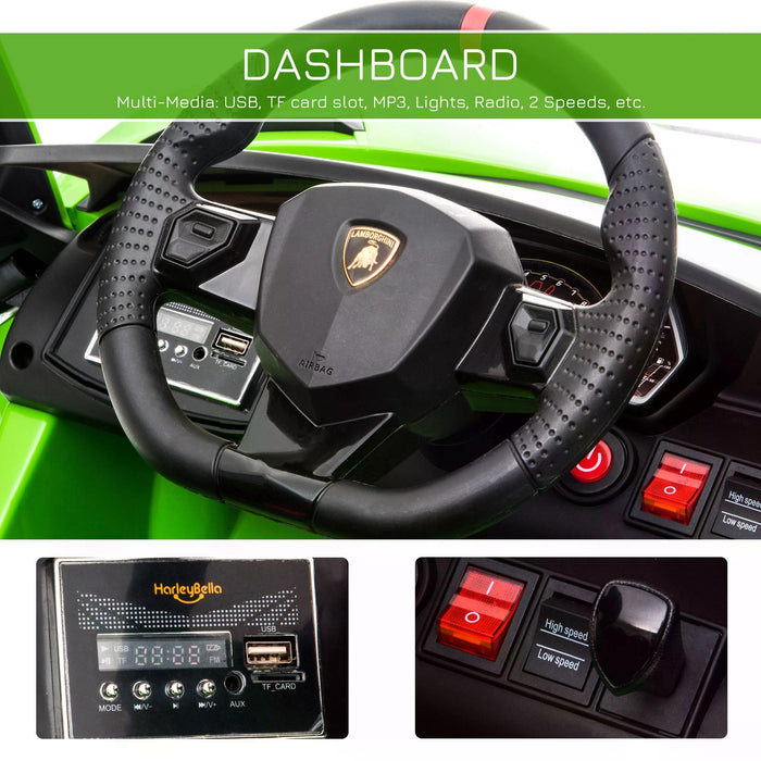 Lamborghini Aventador Ride-On Car for Kids - 12V Battery-Powered Electric Sports Racing Toy with Music, Green - Includes Parental Remote Control for Safe Play