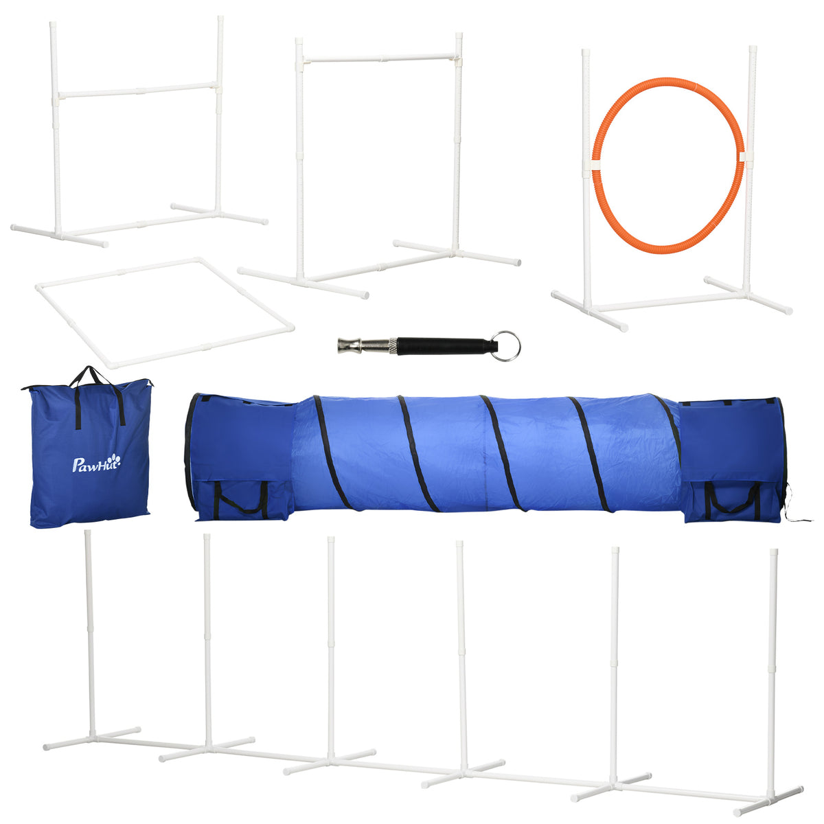 6-Piece Dog Agility Training Kit - Includes 3 Meter Tunnel, Whistle, Pause Box, Jumps & Weave Poles, Vibrant Colors - Ideal for Active Dogs & Pet Training Enthusiasts