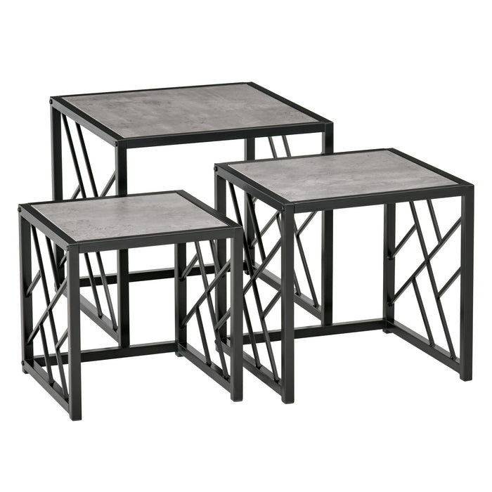 Nest of 3 Square Side Tables - Black Metal Frame & Grey Finish for Modern Decor - Versatile Living Room, Bedroom, and Office Furniture
