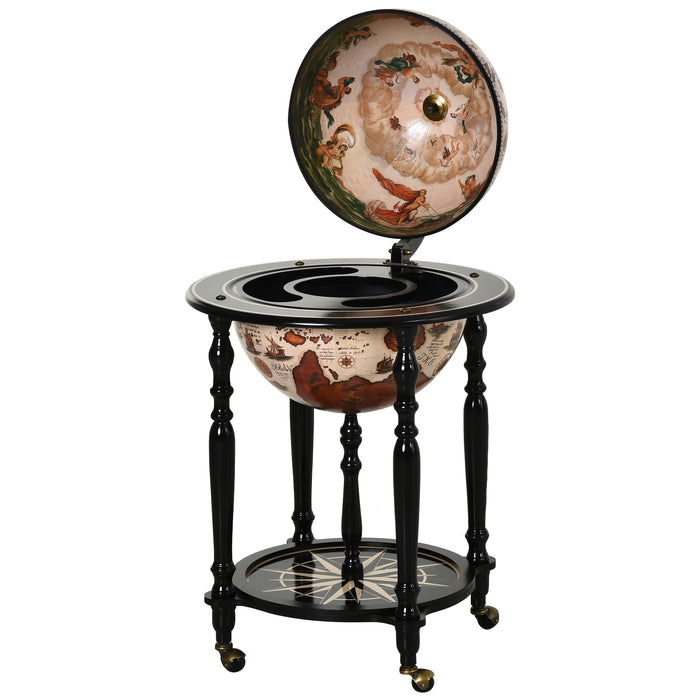 Elegant Globe-Shaped Drinks Cabinet with Wood Frame - Mobile Bar Cart with 3 Compartments, Bottom Shelf, and 4 Wheels - Sophisticated Safe Storage for Bottles and Glasses, Antique Brown and Beige Design