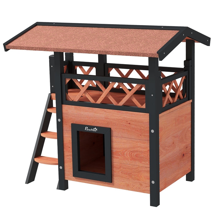 Outdoor Wooden Cat Shelter with Balcony and Stairs - Weatherproof Roof, Spacious 77x50x73cm, in Elegant Brown - Ideal for Feline Outdoor Living and Protection