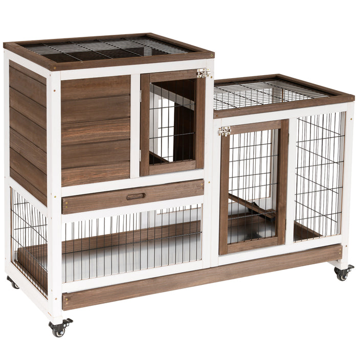 Spacious Wooden Rabbit Hutch with Wheels - Indoor Guinea Pig & Bunny Cage with Enclosed Run - Ideal Home for Small Pets, 110x50x86cm, Brown