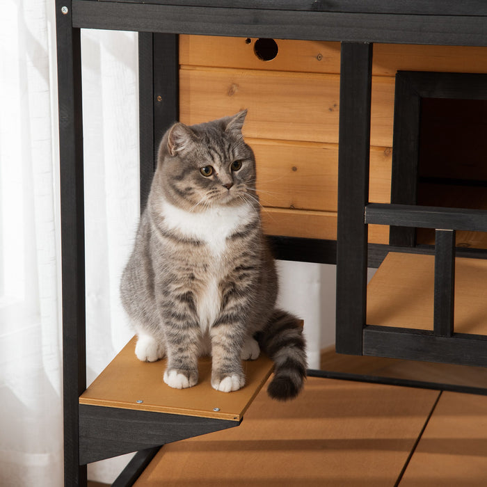 3-Tier Wooden Cat House - Winter-Ready Kitten Shelter with Tilted Roof, Terrace & Jump Step - Cozy Lodge for Cats with Elevated Base & Bottom Tray, Yellow