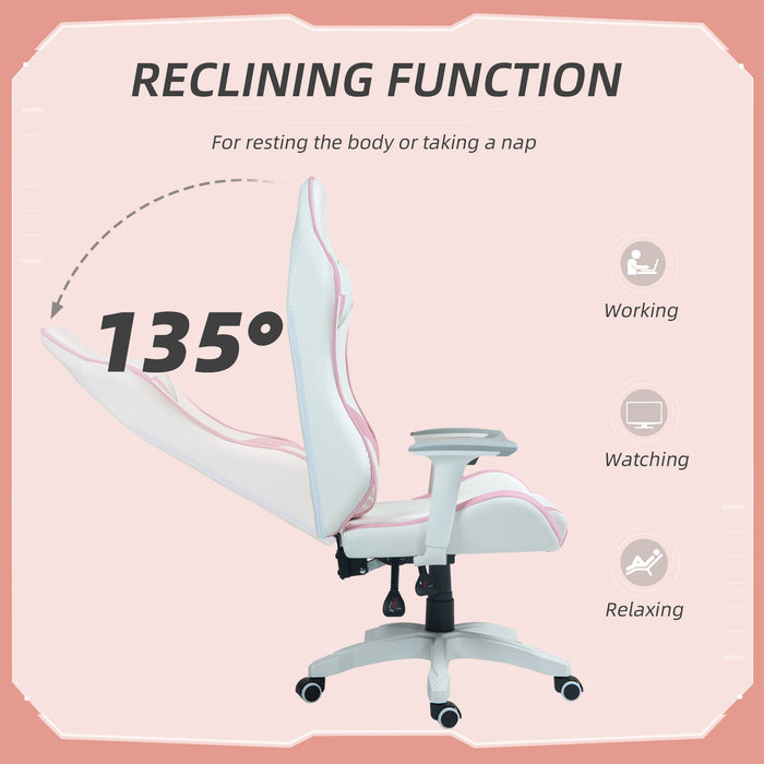 Ergonomic Racing Gaming Chair - Faux Leather with Lumbar & Headrest Support, 3D Adjustable Armrests - Comfortable Swivel Seating for Home Office Gamers in Pink