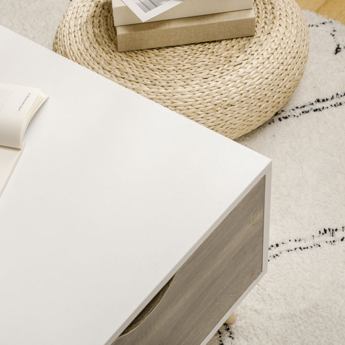 Modern White Coffee Table with Storage -  Open Shelves, Dual Drawers, Solid Wood Legs - Elegant Centerpiece for Living Room or Bedroom