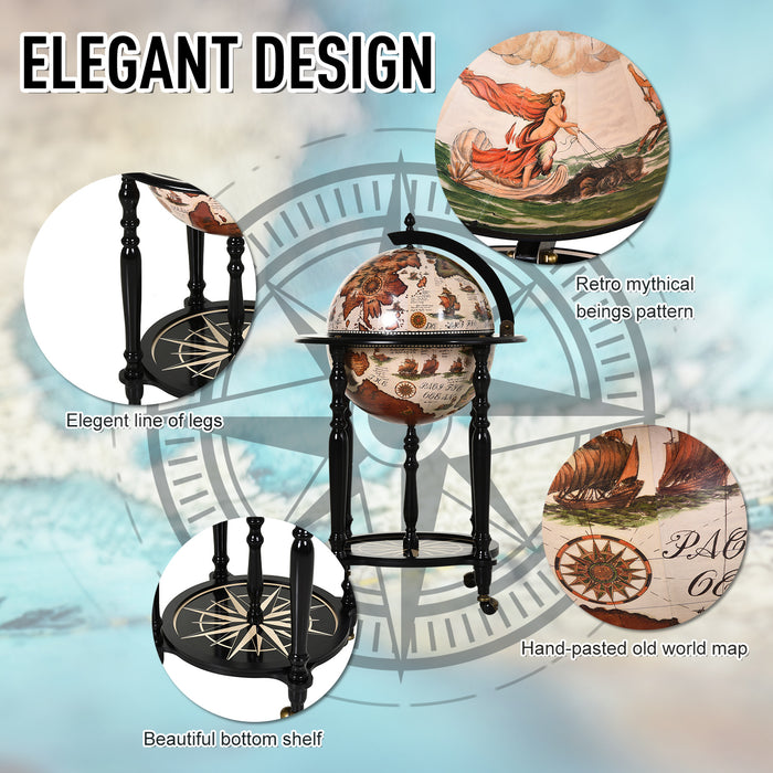 Elegant Globe-Shaped Drinks Cabinet with Wood Frame - Mobile Bar Cart with 3 Compartments, Bottom Shelf, and 4 Wheels - Sophisticated Safe Storage for Bottles and Glasses, Antique Brown and Beige Design