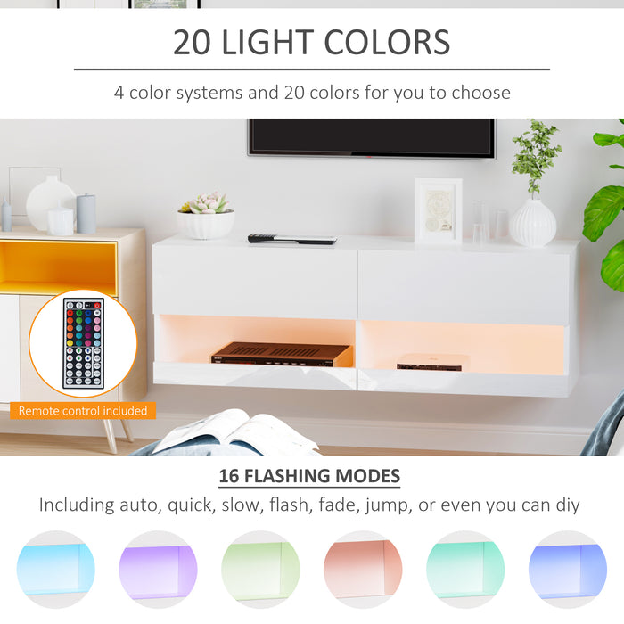 Wall Mount Entertainment Center with LED Lights - High Gloss Media Console with Remote, Storage Compartments - Stylish TV Stand for Modern Home Decor