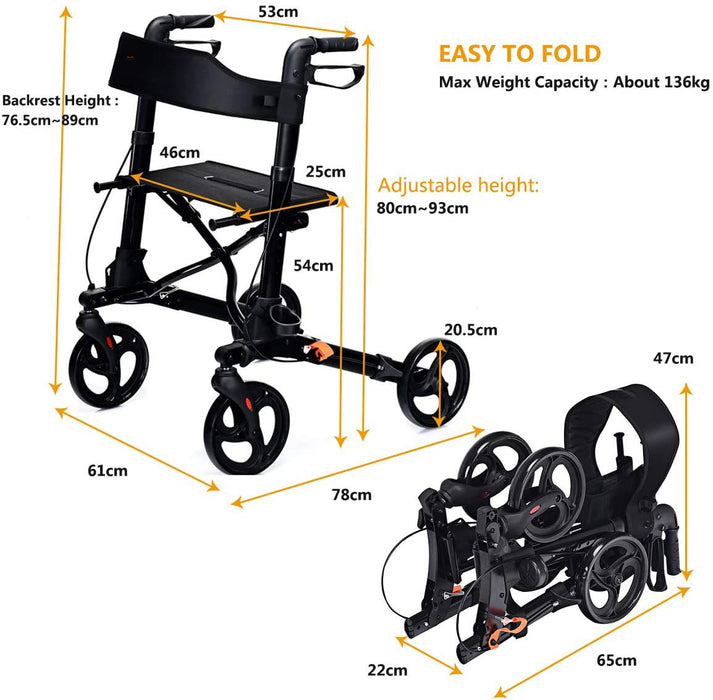 Foldable Rollator Mobility Aid - Portable Walking Support with Bonus Bag in Black - Ideal for Elderly Individuals and Individuals with Mobility Challenges
