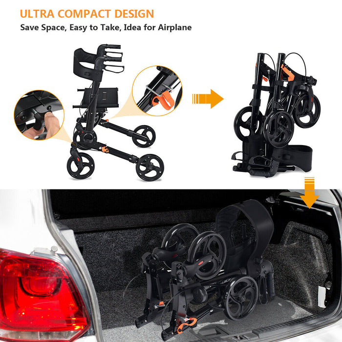 Foldable Rollator Mobility Aid - Portable Walking Support with Bonus Bag in Black - Ideal for Elderly Individuals and Individuals with Mobility Challenges
