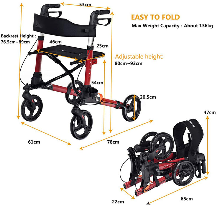 Foldable Rollator Mobility Aid - Portable Walking Support with Bonus Bag in Black - Ideal for Elderly Individuals and Individuals with Mobility Challenges